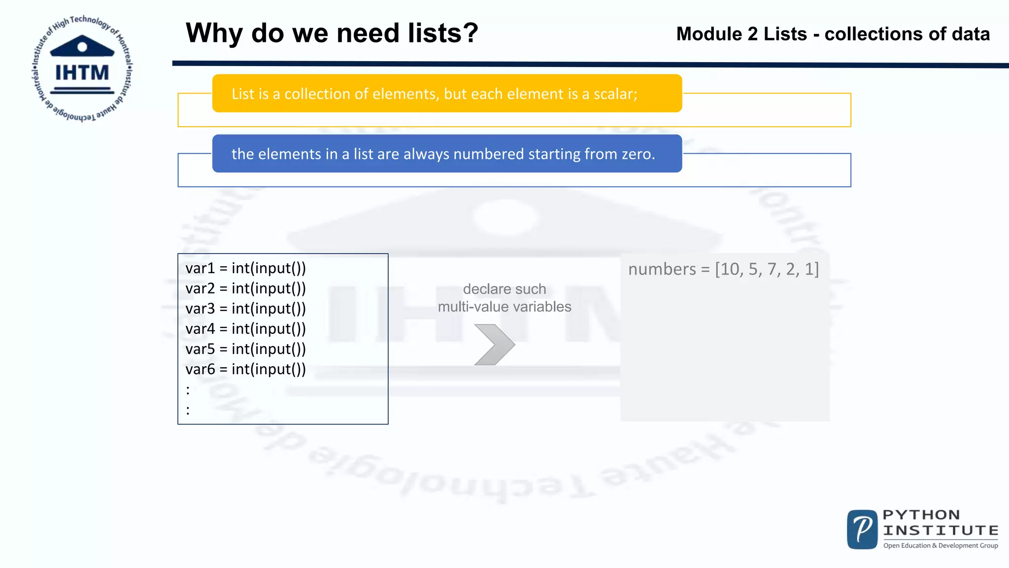 Module 2 Lists - collections of data
Why do we need lists?
var1 = int(input())
var2 = int(input())
var3 = int(input())
var4 = int(input())
var5 = int(input())
var6 = int(input())
:
:
declare such
multi-value variables
numbers = [10, 5, 7, 2, 1]
List is a collection of elements, but each element is a scalar;
the elements in a list are always numbered starting from zero.
 