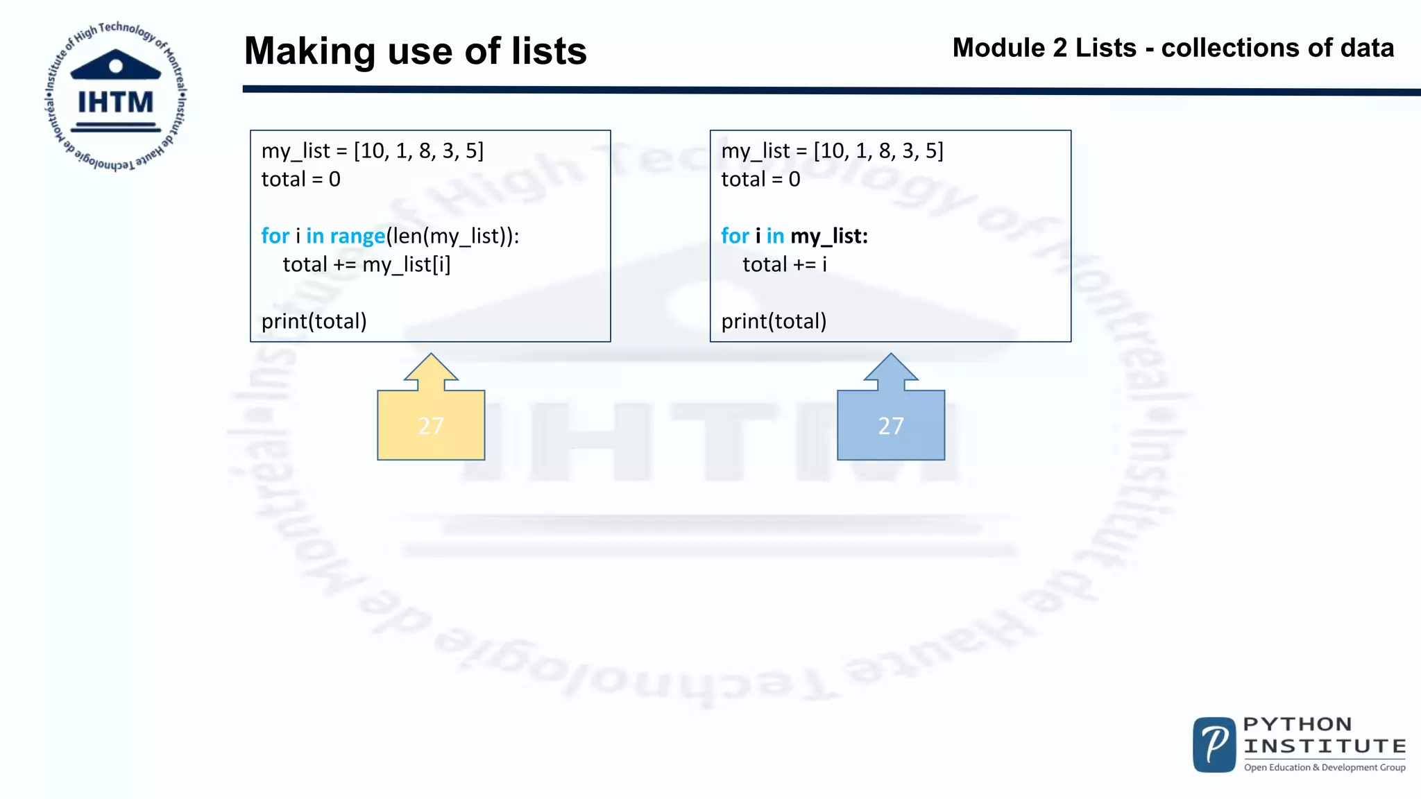 Module 2 Lists - collections of data
Making use of lists
my_list = [10, 1, 8, 3, 5]
total = 0
for i in range(len(my_list)):
total += my_list[i]
print(total)
my_list = [10, 1, 8, 3, 5]
total = 0
for i in my_list:
total += i
print(total)
27 27
 