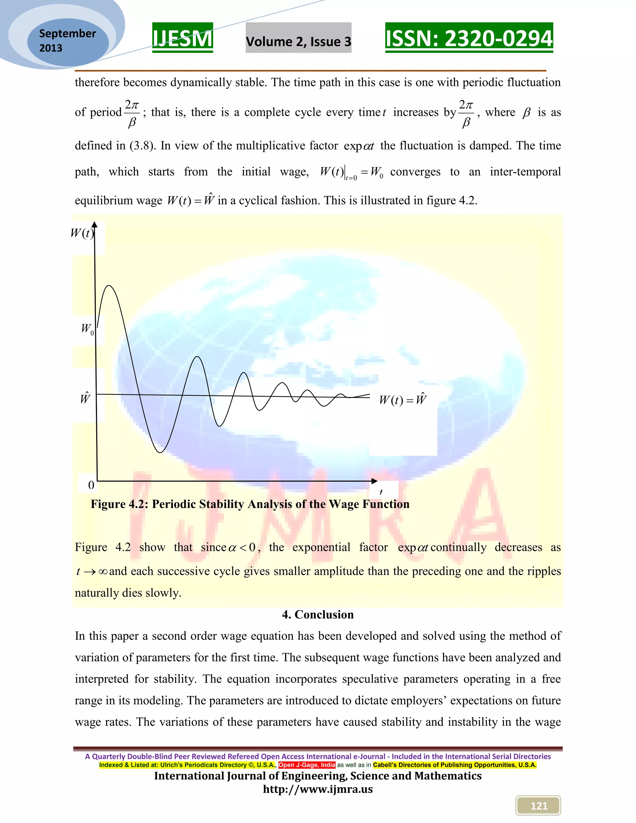 IJESM Volume 2, Issue 3 ISSN: 2320-0294 _________________________________________________________ A Quarterly Double-Blind Peer Reviewed Refereed Open Access International e-Journal - Included in the International Serial Directories Indexed & Listed at: Ulrich's Periodicals Directory ©, U.S.A., Open J-Gage, India as well as in Cabell’s Directories of Publishing Opportunities, U.S.A. International Journal of Engineering, Science and Mathematics http://www.ijmra.us 121 September 2013 therefore becomes dynamically stable. The time path in this case is one with periodic fluctuation of period  2 ; that is, there is a complete cycle every timet increases by  2 , where  is as defined in (3.8). In view of the multiplicative factor texp the fluctuation is damped. The time path, which starts from the initial wage, 00 )( WtW t  converges to an inter-temporal equilibrium wage WtW ˆ)(  in a cyclical fashion. This is illustrated in figure 4.2. Figure 4.2: Periodic Stability Analysis of the Wage Function Figure 4.2 show that since 0 , the exponential factor texp continually decreases as t and each successive cycle gives smaller amplitude than the preceding one and the ripples naturally dies slowly. 4. Conclusion In this paper a second order wage equation has been developed and solved using the method of variation of parameters for the first time. The subsequent wage functions have been analyzed and interpreted for stability. The equation incorporates speculative parameters operating in a free range in its modeling. The parameters are introduced to dictate employers’ expectations on future wage rates. The variations of these parameters have caused stability and instability in the wage )(tW 0W Wˆ WtW ˆ)(  0 t 