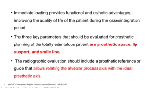 • Immediate loading provides functional and esthetic advantages,
improving the quality of life of the patient during the osseointegration
period.
• The three key parameters that should be evaluated for prosthetic
planning of the totally edentulous patient are prosthetic space, lip
support, and smile line.
• The radiographic evaluation should include a prosthetic reference or
guide that allows relating the alveolar process axis with the ideal
prosthetic axis.
• Misch C. Contemporary Implant Dentistry. Implant Dentistry. 1999;8(1):90.
 