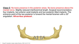 Class C: No bone presence in the posterior areas. No bone presence above the
mental nerve. Slightly reduced interforaminal length. Surgical recommendation:
four implants, two anterior axial implants and two posterior tilted implants. The
entrance point of the two posterior is forward the mental foramen with a 30°
angulation. All-on-four protocol .
• Chong W. Immediate Loading. Implant Dentistry. 2002;11(4):315-316
 