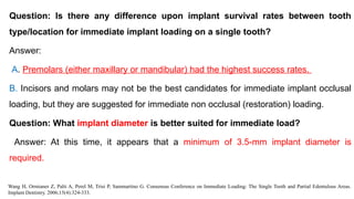 Question: Is there any difference upon implant survival rates between tooth
type/location for immediate implant loading on a single tooth?
Answer:
A. Premolars (either maxillary or mandibular) had the highest success rates.
B. Incisors and molars may not be the best candidates for immediate implant occlusal
loading, but they are suggested for immediate non occlusal (restoration) loading.
Question: What implant diameter is better suited for immediate load?
Answer: At this time, it appears that a minimum of 3.5-mm implant diameter is
required.
Wang H, Ormianer Z, Palti A, Perel M, Trisi P, Sammartino G. Consensus Conference on Immediate Loading: The Single Tooth and Partial Edentulous Areas.
Implant Dentistry. 2006;15(4):324-333.
 