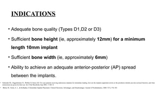 • Adequate bone quality (Types D1,D2 or D3)
• Sufficient bone height (ie, approximately 12mm) for a minimum
length 10mm implant
• Sufficient bone width (ie, approximately 6mm)
• Ability to achieve an adequate anterior-posterior (AP) spread
between the implants.
INDICATIONS
• Schneider RL, Higginbottom FL, Webber H, Sones AD: For your patients receiving endosseous implants for immediate loading, how are the implant-supported crowns or the prosthesis initially put into occlusal function, and what
instructions are given for their use. Int J Oral Maxillofac Imp 2002; 17:881-4.
• Bhola, M., Neely, A. L., & Kolhatkar, S Immediate Implant Placement: Clinical Decisions, Advantages, and Disadvantages. Journal of Prosthodontics, 2008 17(7), 576–581.
 