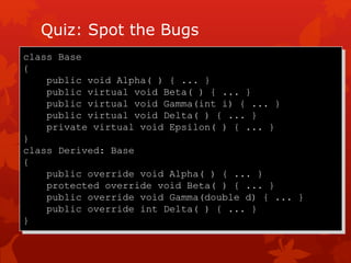 Quiz: Spot the Bugs
class Base
{
public void Alpha( ) { ... }
public virtual void Beta( ) { ... }
public virtual void Gamma(int i) { ... }
public virtual void Delta( ) { ... }
private virtual void Epsilon( ) { ... }
}
class Derived: Base
{
public override void Alpha( ) { ... }
protected override void Beta( ) { ... }
public override void Gamma(double d) { ... }
public override int Delta( ) { ... }
}
 