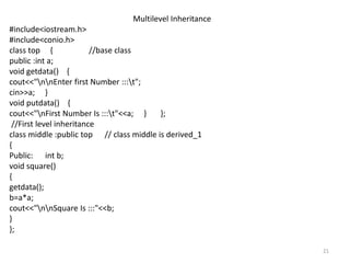 21
Multilevel Inheritance
#include<iostream.h>
#include<conio.h>
class top { //base class
public :int a;
void getdata() {
cout<<"nnEnter first Number :::t";
cin>>a; }
void putdata() {
cout<<"nFirst Number Is :::t"<<a; } };
//First level inheritance
class middle :public top // class middle is derived_1
{
Public: int b;
void square()
{
getdata();
b=a*a;
cout<<"nnSquare Is :::"<<b;
}
};
 