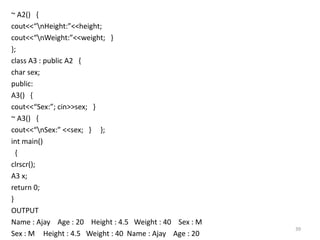 ~ A2() {
cout<<“nHeight:”<<height;
cout<<“nWeight:”<<weight; }
};
class A3 : public A2 {
char sex;
public:
A3() {
cout<<“Sex:”; cin>>sex; }
~ A3() {
cout<<“nSex:” <<sex; } };
int main()
{
clrscr();
A3 x;
return 0;
}
OUTPUT
Name : Ajay Age : 20 Height : 4.5 Weight : 40 Sex : M
Sex : M Height : 4.5 Weight : 40 Name : Ajay Age : 20
39
 