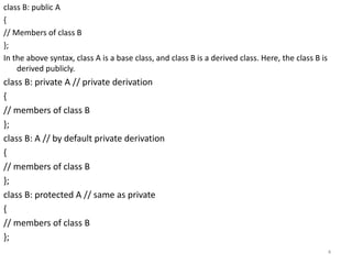 class B: public A
{
// Members of class B
};
In the above syntax, class A is a base class, and class B is a derived class. Here, the class B is
derived publicly.
class B: private A // private derivation
{
// members of class B
};
class B: A // by default private derivation
{
// members of class B
};
class B: protected A // same as private
{
// members of class B
};
4
 