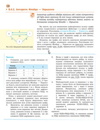 108
` 8.4.2. Алгоритм Флойда — Уоршелла
Інкасатор щоденно відвідує магазини atb і може потрапляти
від будь-якого магазину до всіх інших найкоротшим шляхом.
У  такому випадку найкоротшу відстань можна знайти за
допомогою алгоритму Флойда  —  Уоршелла.
Ви знаєте, що для визначення найкоротшого шляху графу
можна скористатися алгоритмом Дейкстри і в циклі обійти
всі вершини. Розглянемо алгоритм Флойда — Уоршелла, який
відрізняється від нього тим, що дозволяє знайти найкоротшу
відстань не тільки від однієї вершини графу до всіх інших,
а й від кожної вершини до всіх інших.
Згадаємо, що графи, які можуть одночасно використовува-
тися і дуги, і ребра, називають змішаними. Розглянемо сут-
ність алгоритму Флойда — Уоршелла на прикладі змішаного
зваженого графу (рис. 8.22), сформулюємо алгоритм у загаль-
ному вигляді.
Приклад
1. Створимо для цього графу матрицю су-
міжності D[][].
Номер
вершини
0 1 2
Вершина 0 0 13 3
Вершина 1 2 0 6
Вершина 2 3 6 0
У кожному елементі D[i][j] матриці зберіга-
ється вага ребра між вершинами i та j. У про-
цесі реалізації алгоритму Флойда — Уоршел-
ла будуть аналізуватися всі можливі варіанти
довжин між вершинами i та j. Якщо виявля-
тиметься, що довжина менша, ніж зафіксо-
вана у поточний момент в елементі D[i][j], то
менше значення замінить поточне.
Отже, у результаті повної реалізації алго-
ритму ми повинні отримати таку матрицю
суміжності, у якій будуть зберігатися міні-
мальні довжини між усіма вершинами графу.
2. Зрозуміло, що довжина шляху з кожної
вершини в ту саму вершину дорівнює 0
(навіть коли вершина має петлю). Напри-
клад, довжина шляху з вершини 2 у вер-
шину 2 дорівнює 0. Це означає, що всі
елементи D[i][i] дорівнюють нулю.
3. Якщо у графі є вершини, які між собою
безпосередньо не мають ребер, то відпо-
відним елементам матриці суміжності
надамо нескінченне значення або макси-
мально можливе, яке гарантовано буде
більше від найдовшого шляху в графі.
Наприклад, якщо вершини i та j безпо-
середньо не пов’язані ребром, то елемен-
ту D[i][j] надамо значення 9999. У графі,
зображеному на рис. 8.22, таких вершин
немає.
4. Найкоротший шлях із вершини i у вер-
шину j може бути як безпосередньо між
цими вершинами, так і через k інших
вершин. Наприклад, довжина ребра
безпосередньо між вершинами 1 і 2 до-
рівнює 6, а довжина ребер з вершини 1
у вершину 2 через вершину 0 — 5.
У цьому випадку D[1][0]+D[0][2]D[1][2].
Тому значення елемента D[1][2], яке на
даний момент дорівнює 6, замінюється
значенням довжини D[1][0]+D[0][2], яке
дорівнює 5.
У загальному випадку реалізується таке
правило:
якщо D[i][k]+D[k][j]D[i][j], то значення елемен-
та D[i][j] замінюється значенням D[i][k]+D[k][j].
10
2
2
13
63
Рис. 8.22. Змішаний зважений граф
 