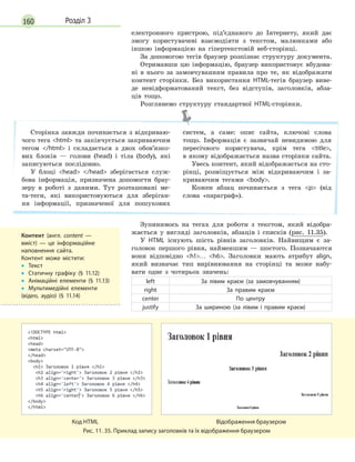 160 Розділ 3
електронного пристрою, під’єднаного до Інтернету, який дає
змогу користувачеві взаємодіяти з текстом, малюнками або
іншою інформацією на гіпертекстовій веб-сторінці.
За допомогою тегів браузер розпізнає структуру документа.
Отримавши цю інформацію, браузер використовує вбудова-
ні в нього за замовчуванням правила про те, як відображати
контент сторінки. Без використання HTML-тегів браузер виве-
де невідформатований текст, без відступів, заголовків, абза-
ців тощо.
Розглянемо структуру стандартної HTML-сторінки.
Сторінка завжди починається з відкриваю-
чого тега html та закінчується закриваючим
тегом /html і складається з двох обов’язко-
вих блоків — голови (head) і тіла (body), які
записуються послідовно.
У блоці head /head зберігається служ-
бова інформація, призначена допомогти брау-
зеру в роботі з даними. Тут розташовані ме-
та-теги, які використовуються для зберіган-
ня інформації, призначеної для пошукових
систем, а саме: опис сайта, ключові слова
тощо. Інформація є зазвичай невидимою для
пересічного користувача, крім тега title,
в якому відображається назва сторінки сайта.
Увесь контент, який відображається на сто-
рінці, розміщується між відкриваючим і за-
криваючим тегами body.
Кожен абзац починається з тега p (від
слова «параграф»).
Зупинимось на тегах для роботи з текстом, який відобра-
жається у вигляді заголовків, абзаців і списків (рис. 11.35).
У HTML існують шість рівнів заголовків. Найвищим є за-
головок першого рівня, найменшим — шостого. Позначаются
вони відповідно h1… h6. Заголовки мають атрибут align,
який визначає тип вирівнювання на сторінці та може набу-
вати одне з чотирьох значень:
left За лівим краєм (за замовчуванням)
right За правим краєм
center По центру
justify За шириною (за лівим і  правим краєм)
Код HTML Відображення браузером
Рис. 11. 35. Приклад запису заголовків та їх відображення браузером
Контент (англ. content  —
вміст)  — це інформаційне
наповнення сайта.
Контент може містити:
• Текст
• Статичну графіку (§ 11.12)
• Анімаційні елементи (§ 11.13)
• Мультимедійні елементи
(відео, аудіо) (§ 11.14)
 