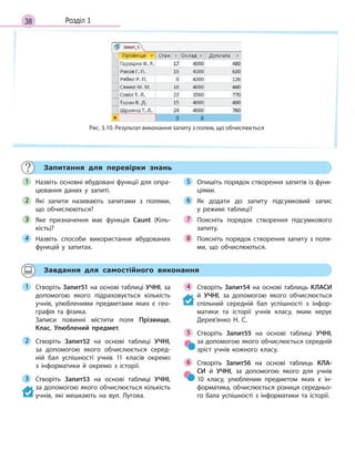 38 Розділ 1
Рис. 3.10. Результат виконання запиту з полем, що обчислюється
Запитання для перевірки знань
Назвіть основні вбудовані функції для опра­
цювання даних у  запиті.
Які запити називають запитами з  полями,
що обчислюються?
Яке призначення має функція Caunt (Кіль­
кість)?
Назвіть способи використання вбудованих
функцій у  запитах.
Опишіть порядок створення запитів із функ­
ціями.
Як додати до запиту підсумковий запис
у  режимі таблиці?
Поясніть порядок створення підсумкового
запиту.
Поясніть порядок створення запиту з поля­
ми, що обчислюються.
1
2
3
4
5
6
7
8
Завдання для самостійного виконання
Створіть Запит51 на основі таблиці УЧНІ, за
допомогою якого підраховується кількість
учнів, улюбленими предметами яких є  гео­
графія та фізика.
Записи повинні містити поля Прізвище,
Клас, Улюблений предмет.
Створіть Запит52 на основі таблиці УЧНІ,
за допомогою якого обчислюється серед­
ній бал успішності учнів 11 класів окремо
з  інформатики й  окремо з  історії.
Створіть Запит53 на основі таблиці УЧНІ,
за допомогою якого обчислюється кількість
учнів, які мешкають на вул. Лугова.
Створіть Запит54 на основі таблиць КЛАСИ
й  УЧНІ, за допомогою якого обчислюється
спільний середній бал успішності з  інфор­
матики та історії учнів класу, яким керує
Дерев’янко Н. С.
Створіть Запит55 на основі таблиці УЧНІ,
за допомогою якого обчислюється середній
зріст учнів кожного класу.
Створіть Запит56 на основі таблиць КЛА-
СИ й  УЧНІ, за допомогою якого для учнів
10  класу, улюбленим предметом яких є  ін­
форматика, обчислюється різниця середньо­
го бала успішності з  інформатики та історії.
1
2
3
4
5
6
 