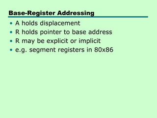 Base-Register Addressing
•   A holds displacement
•   R holds pointer to base address
•   R may be explicit or implicit
•   e.g. segment registers in 80x86
 