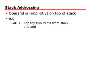 Stack Addressing
• Operand is (implicitly) on top of stack
• e.g.
—ADD Pop top two items from stack
and add
 
