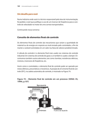 Instrumentação e controle
162
Um desafio para você
Numa indústria onde você é o técnico responsável pela área de instrumentação,
foi pedido a você que justifique o uso de um inversor de freqüência para o con-
trole de velocidade no motor de uma correia transportadora.
Continuando nossa conversa
Conceito de elementos finais de controle
Os elementos finais de controle são mecanismos que variam a quantidade de
material ou de energia em resposta ao sinal enviado pelo controlador, a fim de
manter a variável controlada em um valor (ou faixa de valores) predeterminado.
A válvula de controle é o elemento final mais usado nos sistemas de controle
industrial. Em sistemas de controle de gases e ar também é usado o damper. En-
contramos também outros elementos, tais como: bombas, resistências elétricas,
motores, inversores de freqüência, etc.
Assim como o controlador, o elemento final de controle pode ser operado por
meios elétricos, pneumáticos e mecânicos. A posição do el+emento final de con-
trole (EFC), na cadeia automática de controle, é mostrada na Figura 74.
Figura 74 – Elemento final de controle em um processo (SENAI. ES,
1999c, p.107)
 