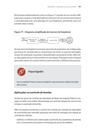 167
Capítulo 8 – Elementos finais de controle
Fique ligado!
Ele funciona tradicionalmente como na Figura 77. Consiste de um circuito retifi-
cador que converte o sinal alternado em contínuo e de um inversor que restaura
o sinal alternado com uma alteração em sua freqüência, permitindo assim um
controle sobre o motor.
Figura 77 – Diagrama simplificado de Inversor de freqüência
Os inversores de freqüência possuem uma série de parâmetros de configuração,
que levam em consideração as características do motor ao qual ele está ligado,
rampas de aceleração na partida e desaceleração na parada do motor. Além dis-
so, eles podem possuir internamente um controlador PI (proporcional e integral)
que aceita valores de set point externos para aumentar a eficiência do processo.
Com um controlador PI interno o inversor de freqüência é capaz de aumentar a eficiência do controle
sobre o processo.
Aplicações no controle de bomba
Através do ajuste de controle de velocidade do Motor de Indução Trifásico con-
segue-se obter uma melhor eficientização, em nível de redução de consumo de
energia, na operação da bomba.
Além do aspecto econômico, o sistema de controle por variação de velocidade
de uma bomba (por exemplo) apresenta uma série de vantagens em relação ao
controle por válvulas:
•	 	 melhoria na eficiência do sistema pelo casamento da característica da bomba
com a característica do sistema e otimização do ponto de trabalho;
 