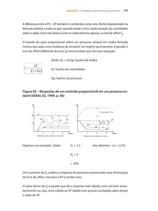 177
Capítulo 9 – Estratégias de controle de processos
A diferença entre a PV – SP também é conhecido como erro. Ele foi representado na
fórmula anterior, e nota-se que, quando existe o erro, existe atuação do controlador
sobre a saída. Caso não exista o erro na saída teremos apenas, o sinal de offset S0
.
O estudo da ação proporcional sobre um processo estável em malha fechada
mostra que após uma mudança de set point, em regime permanente, é gerado o
erro de offset (diferente do erro, já mencionado) que tem por equação:
			 Onde: Gs = Gr.Gp: Ganho da malha
			 Gr: Ganho do controlador
			 Gp: Ganho do processo
Figura 82 – Respostas de um controle proporcional em um processo es-
tável (SENAI. ES, 1999, p. 48)
Vejamos um exemplo: Dado: 	 Gs
= 1,5 nós obtemos : ?? = 2,5%
					 Gr
= 2
					 = 10%
Um aumento de Gr
acelera a resposta do processo provocando uma diminuição
do erro de offset, mas leva a PV a oscilar mais.
O valor ótimo de Gr
é aquele que dá a resposta mais rápida, com um bom amor-
tecimento, ou seja, uma subida ao SP rápida com poucas oscilações após atingir
o valor de SP.
 