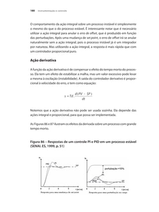 Instrumentação e controle
180
O comportamento da ação integral sobre um processo instável é simplesmente
o mesmo do que o do processo estável. É interessante notar que é necessário
utilizar a ação integral para anular o erro de offset, que é produzido em função
das perturbações. Após uma mudança de set point, o erro de offset irá se anular
naturalmente sem a ação integral, pois o processo instável já é um integrador
por natureza. Mas utilizando a ação integral, a resposta é mais rápida que com
um controlador proporcional puro.
Ação derivativa
A função da ação derivativa é de compensar o efeito do tempo morto do proces-
so. Ela tem um efeito de estabilizar a malha, mas um valor excessivo pode levar
a mesma à oscilação (instabilidade). A saída do controlador derivativo é propor-
cional à velocidade do erro, e tem como equação:
Notemos que a ação derivativa não pode ser usada sozinha. Ela depende das
ações integral e proporcional, para que possa ser implementada.
As Figuras 86 e 87 ilustram os efeitos da derivada sobre um processo com grande
tempo morto.
Figura 86 – Respostas de um controle PI e PID em um processo estável
(SENAI. ES, 1999, p. 51)
 