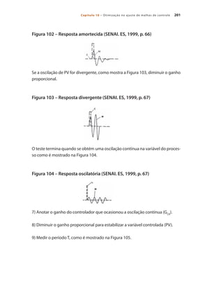 201
Capítulo 10 – Otimização no ajuste de malhas de controle
Figura 102 – Resposta amortecida (SENAI. ES, 1999, p. 66)
Se a oscilação de PV for divergente, como mostra a Figura 103, diminuir o ganho
proporcional.
Figura 103 – Resposta divergente (SENAI. ES, 1999, p. 67)
O teste termina quando se obtém uma oscilação contínua na variável do proces-
so como é mostrado na Figura 104.
Figura 104 – Resposta oscilatória (SENAI. ES, 1999, p. 67)
7) Anotar o ganho do controlador que ocasionou a oscilação contínua (GCR
).
8) Diminuir o ganho proporcional para estabilizar a variável controlada (PV).
9) Medir o período T, como é mostrado na Figura 105.
 