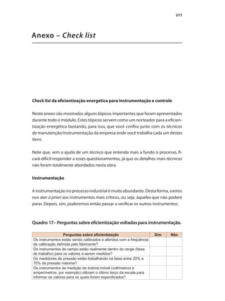 217
Anexo – Check list
Check list da eficientização energética para instrumentação e controle
Neste anexo são mostrados alguns tópicos importantes que foram apresentados
durante todo o módulo. Estes tópicos servem como um norteador para a eficien-
tização energética bastando, para isso, que você confira junto com os técnicos
de manutenção/instrumentação da empresa onde você trabalha cada um destes
itens.
Note que, sem a ajuda de um técnico que entenda mais a fundo o processo, fi-
cará difícil responder a esses questionamentos, já que os detalhes mais técnicos
não foram totalmente abordados nesta obra.
Instrumentação
A instrumentação no processo industrial é muito abundante. Desta forma, vamos
nos ater a priori aos instrumentos mais críticos, ou seja, àqueles que não podem
parar. Depois, sim, poderemos então passar a verificar os outros instrumentos.
Quadro 17– Perguntas sobre eficientização voltadas para instrumentação.
Perguntas sobre eficientização Sim Não
Os instrumentos estão sendo calibrados e aferidos com a freqüência
de calibração definida pelo fabricante?
Os instrumentos de campo estão realmente dentro do range (faixa
de trabalho) para os valores a serem medidos?
Os medidores de pressão estão trabalhando na faixa entre 20% a
70% da pressão máxima?
Os instrumentos de medição de bobina móvel (voltímetros e
amperímetros, por exemplo) utilizam o último terço da escala para
informar os valores para os quais foram especificados?
 
