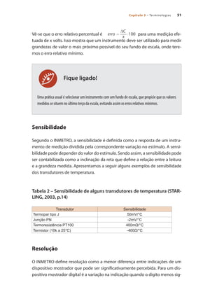 51
Capítulo 3 – Terminologias
Fique ligado!
Vê-se que o erro relativo percentual é para uma medição efe-
tuada de x volts. Isso mostra que um instrumento deve ser utilizado para medir
grandezas de valor o mais próximo possível do seu fundo de escala, onde tere-
mos o erro relativo mínimo.
Uma prática usual é selecionar um instrumento com um fundo de escala, que propicie que os valores
medidos se situem no último terço da escala, evitando assim os erros relativos mínimos.
Sensibilidade
Segundo o INMETRO, a sensibilidade é definida como a resposta de um instru-
mento de medição dividida pela correspondente variação no estímulo. A sensi-
bilidade pode depender do valor do estímulo. Sendo assim, a sensibilidade pode
ser contabilizada como a inclinação da reta que define a relação entre a leitura
e a grandeza medida. Apresentamos a seguir alguns exemplos de sensibilidade
dos transdutores de temperatura.
Tabela 2 – Sensibilidade de alguns transdutores de temperatura (STAR-
LING, 2003, p.14)
Transdutor Sensibilidade
Termopar tipo J 50mV/°C
Junção PN -2mV/°C
Termoresistência PT100 400mΩ/°C
Termistor (10k a 25°C) -400Ω/°C
Resolução
O INMETRO define resolução como a menor diferença entre indicações de um
dispositivo mostrador que pode ser significativamente percebida. Para um dis-
positivo mostrador digital é a variação na indicação quando o digito menos sig-
 