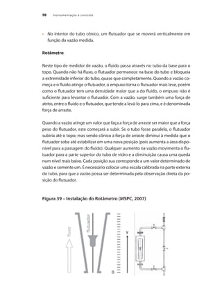 Instrumentação e controle
98
•	 	 No interior do tubo cônico, um flutuador que se moverá verticalmente em
função da vazão medida.
Rotâmetro
Neste tipo de medidor de vazão, o fluido passa através no tubo da base para o
topo. Quando não há fluxo, o flutuador permanece na base do tubo e bloqueia
a extremidade inferior do tubo, quase que completamente. Quando a vazão co-
meça e o fluido atinge o flutuador, o empuxo torna o flutuador mais leve, porém
como o flutuador tem uma densidade maior que a do fluido, o empuxo não é
suficiente para levantar o flutuador. Com a vazão, surge também uma força de
atrito, entre o fluido e o flutuador, que tende a levá-lo para cima, e é denominada
força de arraste.
Quando a vazão atinge um valor que faça a força de arraste ser maior que a força
peso do flutuador, este começará a subir. Se o tubo fosse paralelo, o flutuador
subiria até o topo; mas sendo cônico a força de arraste diminui à medida que o
flutuador sobe até estabilizar em uma nova posição (pois aumenta a área dispo-
nível para a passagem do fluido). Qualquer aumento na vazão movimenta o flu-
tuador para a parte superior do tubo de vidro e a diminuição causa uma queda
num nível mais baixo. Cada posição sua corresponde a um valor determinado de
vazão e somente um. É necessário colocar uma escala calibrada na parte externa
do tubo, para que a vazão possa ser determinada pela observação direta da po-
sição do flutuador.
Figura 39 – Instalação do Rotâmetro (MSPC, 2007)
 