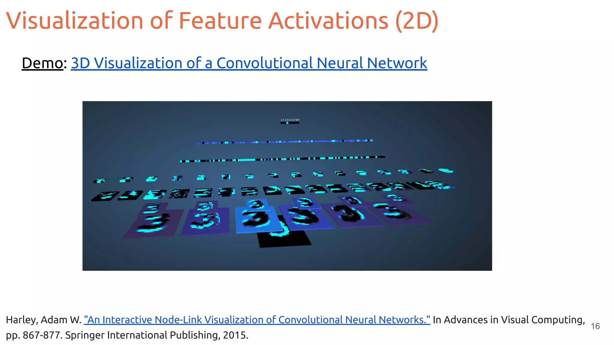 16
Demo: 3D Visualization of a Convolutional Neural Network
Harley, Adam W. "An Interactive Node-Link Visualization of Convolutional Neural Networks." In Advances in Visual Computing,
pp. 867-877. Springer International Publishing, 2015.
Visualization of Feature Activations (2D)
 