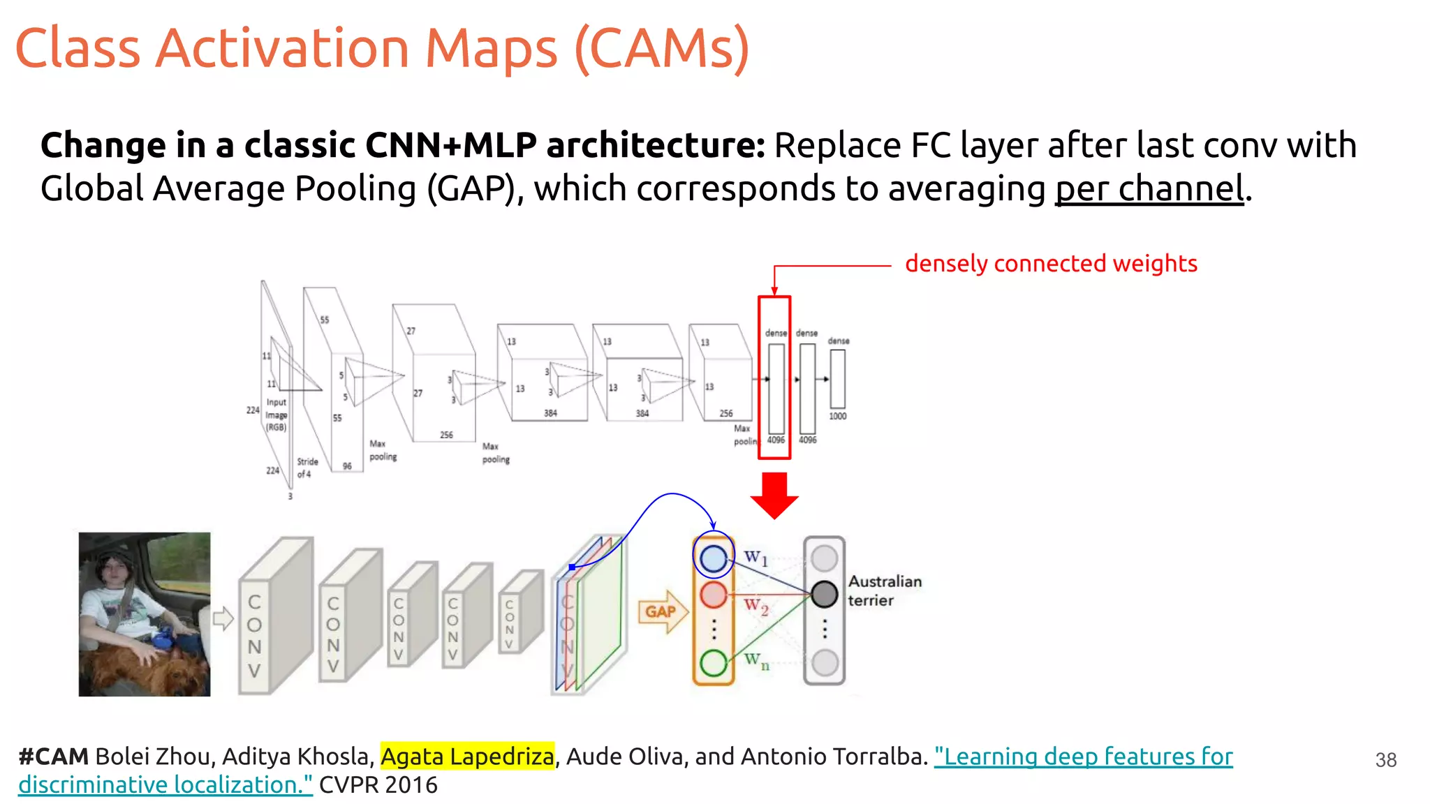 38
Change in a classic CNN+MLP architecture: Replace FC layer after last conv with
Global Average Pooling (GAP), which corresponds to averaging per channel.
#CAM Bolei Zhou, Aditya Khosla, Agata Lapedriza, Aude Oliva, and Antonio Torralba. "Learning deep features for
discriminative localization." CVPR 2016
densely connected weights
Class Activation Maps (CAMs)
 