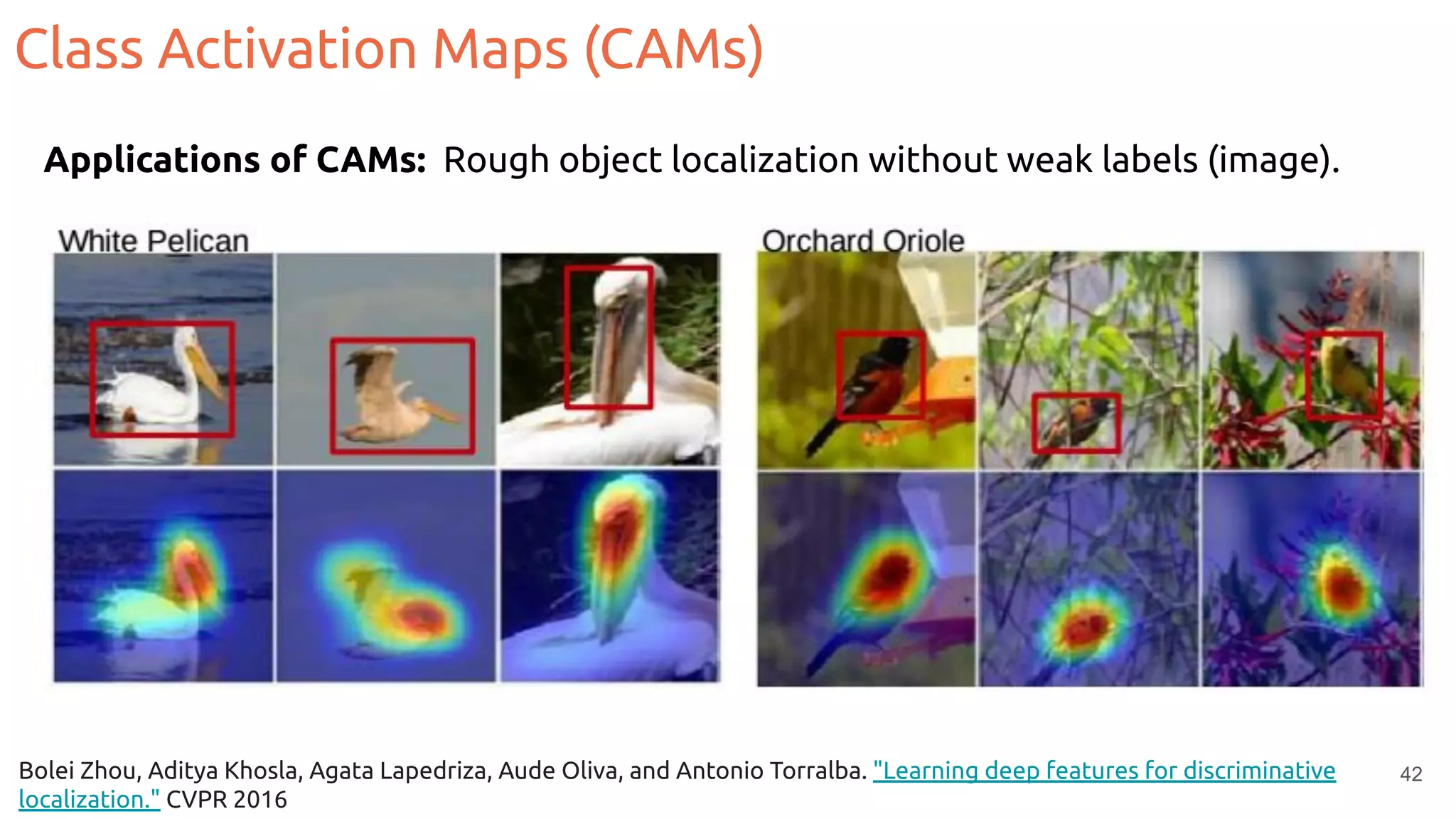 42
Applications of CAMs: Rough object localization without weak labels (image).
Bolei Zhou, Aditya Khosla, Agata Lapedriza, Aude Oliva, and Antonio Torralba. "Learning deep features for discriminative
localization." CVPR 2016
Class Activation Maps (CAMs)
 