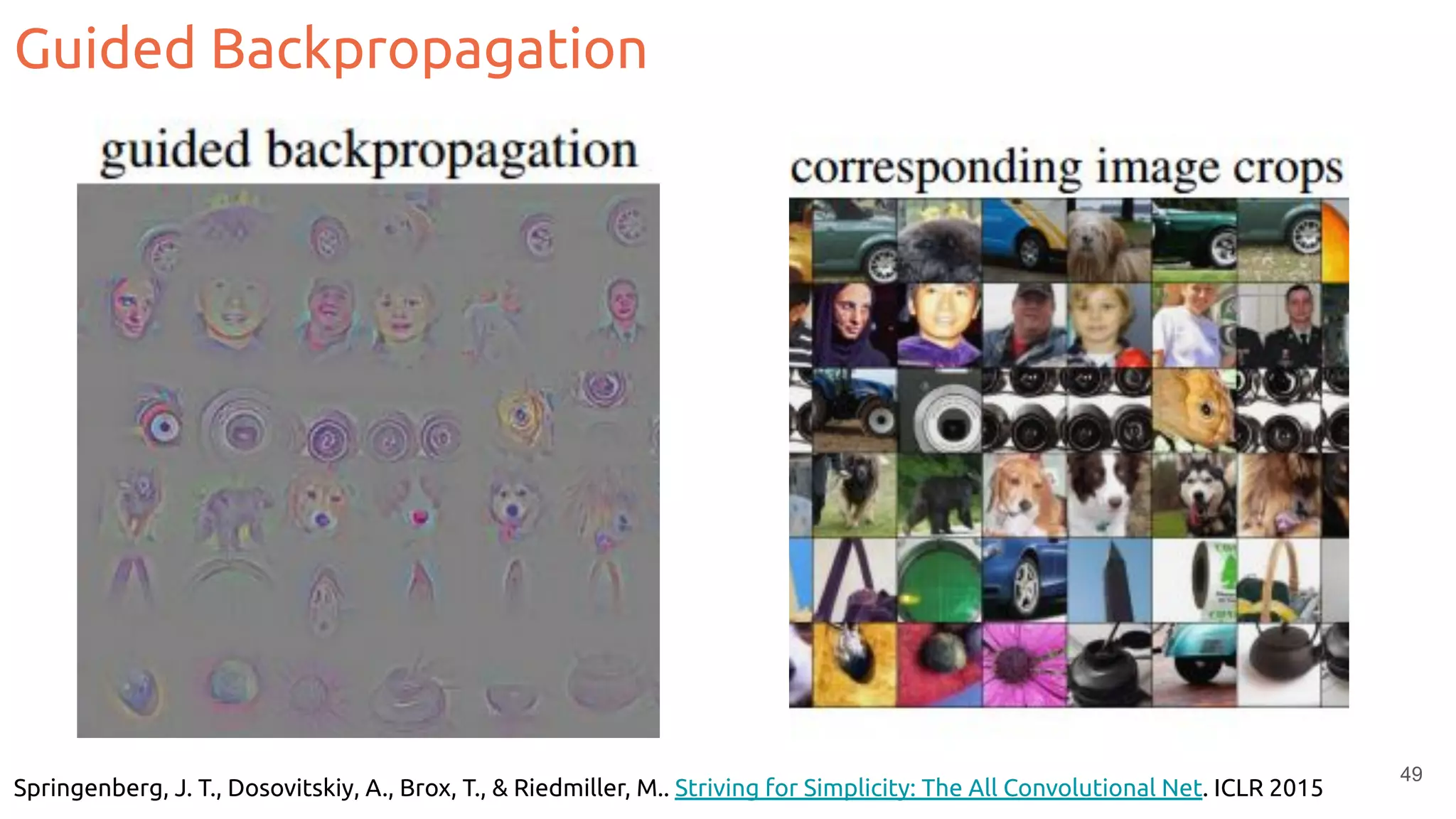Guided Backpropagation
Springenberg, J. T., Dosovitskiy, A., Brox, T., & Riedmiller, M.. Striving for Simplicity: The All Convolutional Net. ICLR 2015
49
 