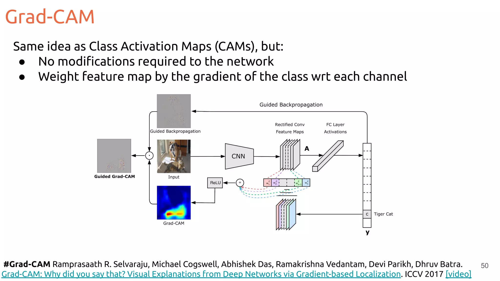 Grad-CAM
50
#Grad-CAM Ramprasaath R. Selvaraju, Michael Cogswell, Abhishek Das, Ramakrishna Vedantam, Devi Parikh, Dhruv Batra.
Grad-CAM: Why did you say that? Visual Explanations from Deep Networks via Gradient-based Localization. ICCV 2017 [video]
Same idea as Class Activation Maps (CAMs), but:
● No modiﬁcations required to the network
● Weight feature map by the gradient of the class wrt each channel
 