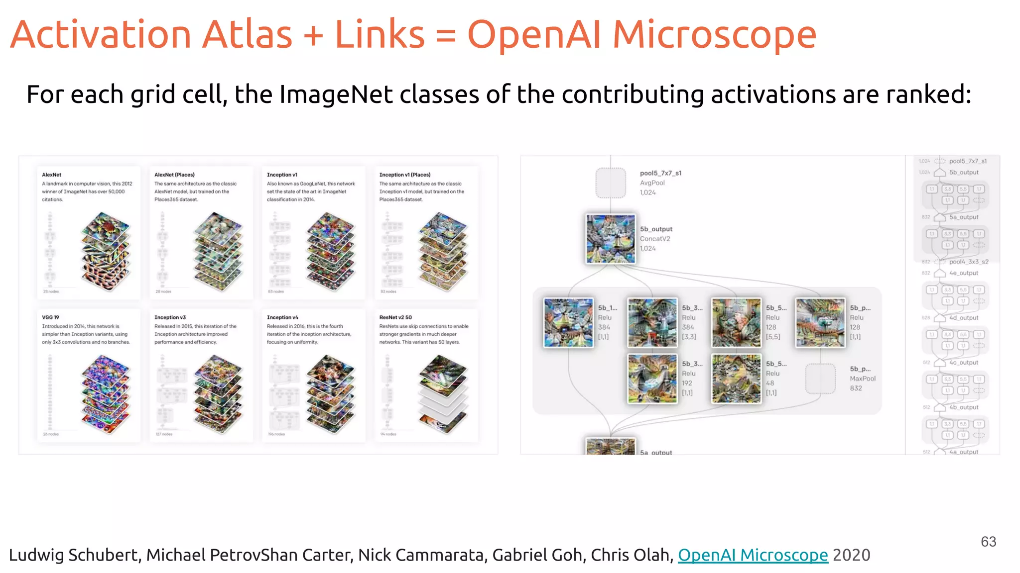 Activation Atlas + Links = OpenAI Microscope
63
Ludwig Schubert, Michael PetrovShan Carter, Nick Cammarata, Gabriel Goh, Chris Olah, OpenAI Microscope 2020
For each grid cell, the ImageNet classes of the contributing activations are ranked:
 