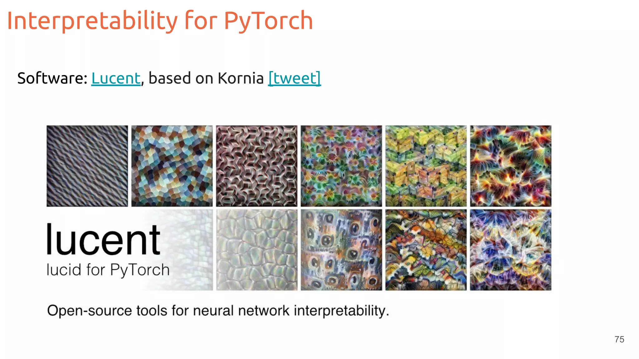 Interpretability for PyTorch
75
Software: Lucent, based on Kornia [tweet]
 