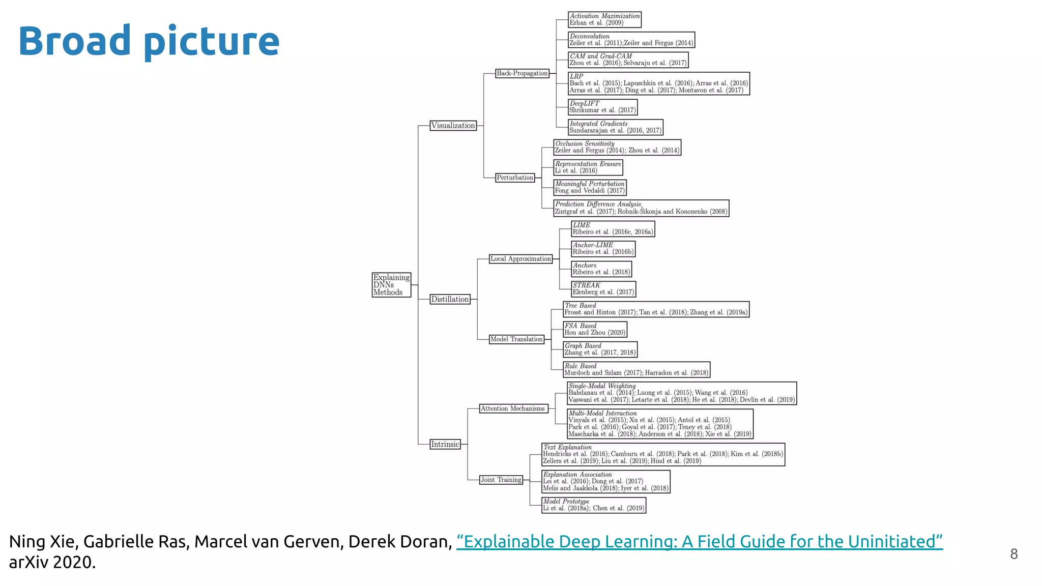 Broad picture
8
Ning Xie, Gabrielle Ras, Marcel van Gerven, Derek Doran, “Explainable Deep Learning: A Field Guide for the Uninitiated”
arXiv 2020.
 