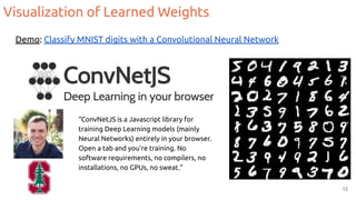 Visualization of Learned Weights
12
Demo: Classify MNIST digits with a Convolutional Neural Network
“ConvNetJS is a Javascript library for
training Deep Learning models (mainly
Neural Networks) entirely in your browser.
Open a tab and you're training. No
software requirements, no compilers, no
installations, no GPUs, no sweat.”
 