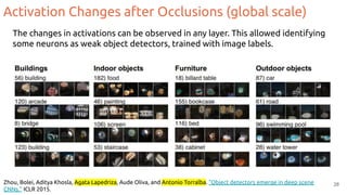 Activation Changes after Occlusions (global scale)
28
The changes in activations can be observed in any layer. This allowed identifying
some neurons as weak object detectors, trained with image labels.
Zhou, Bolei, Aditya Khosla, Agata Lapedriza, Aude Oliva, and Antonio Torralba. "Object detectors emerge in deep scene
CNNs." ICLR 2015.
 
