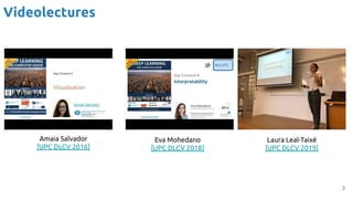 3
Videolectures
Amaia Salvador
[UPC DLCV 2016]
Eva Mohedano
[UPC DLCV 2018]
Laura Leal-Taixé
[UPC DLCV 2019]
 