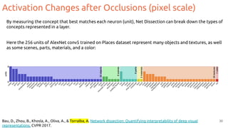 Activation Changes after Occlusions (pixel scale)
30
By measuring the concept that best matches each neuron (unit), Net Dissection can break down the types of
concepts represented in a layer.
Here the 256 units of AlexNet conv5 trained on Places dataset represent many objects and textures, as well
as some scenes, parts, materials, and a color:
Bau, D., Zhou, B., Khosla, A., Oliva, A., & Torralba, A. Network dissection: Quantifying interpretability of deep visual
representations. CVPR 2017.
 