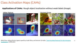 42
Applications of CAMs: Rough object localization without weak labels (image).
Bolei Zhou, Aditya Khosla, Agata Lapedriza, Aude Oliva, and Antonio Torralba. "Learning deep features for discriminative
localization." CVPR 2016
Class Activation Maps (CAMs)
 