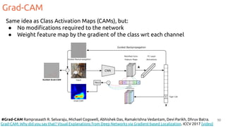 Grad-CAM
50
#Grad-CAM Ramprasaath R. Selvaraju, Michael Cogswell, Abhishek Das, Ramakrishna Vedantam, Devi Parikh, Dhruv Batra.
Grad-CAM: Why did you say that? Visual Explanations from Deep Networks via Gradient-based Localization. ICCV 2017 [video]
Same idea as Class Activation Maps (CAMs), but:
● No modiﬁcations required to the network
● Weight feature map by the gradient of the class wrt each channel
 