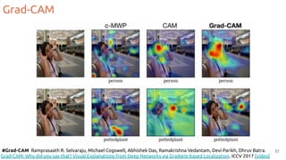 Grad-CAM
51
#Grad-CAM Ramprasaath R. Selvaraju, Michael Cogswell, Abhishek Das, Ramakrishna Vedantam, Devi Parikh, Dhruv Batra.
Grad-CAM: Why did you say that? Visual Explanations from Deep Networks via Gradient-based Localization. ICCV 2017 [video]
 