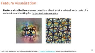 Feature Visualization
55
Feature visualization answers questions about what a network — or parts of a
network — are looking for by generating examples.
Chris Olah, Alexander Mordvintsev, Ludwig Schubert, “Feature Visualization”. Distill.pub (November 2017)
 