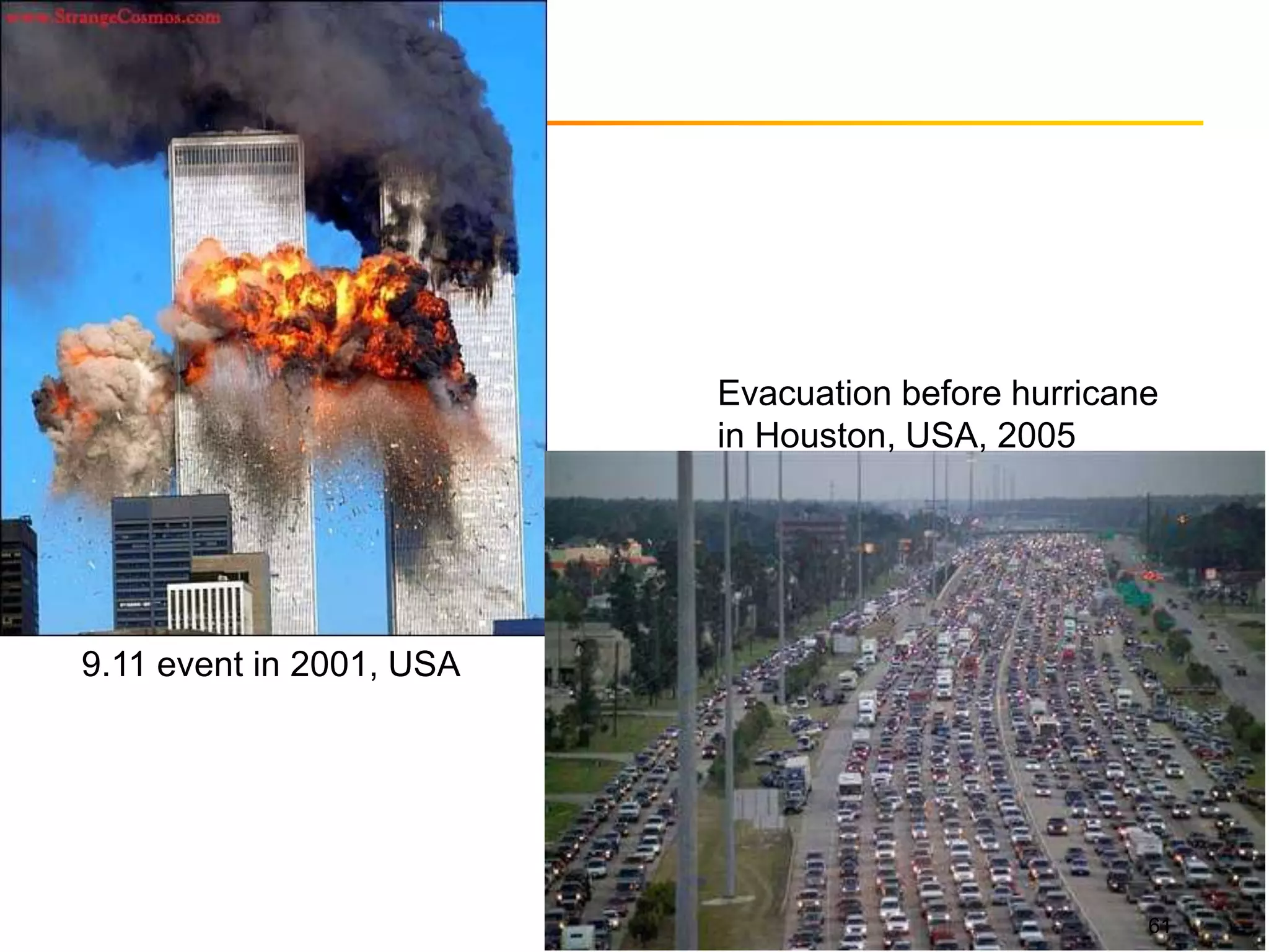 Evacuation before hurricane
in Houston, USA, 2005
9.11 event in 2001, USA
61
 