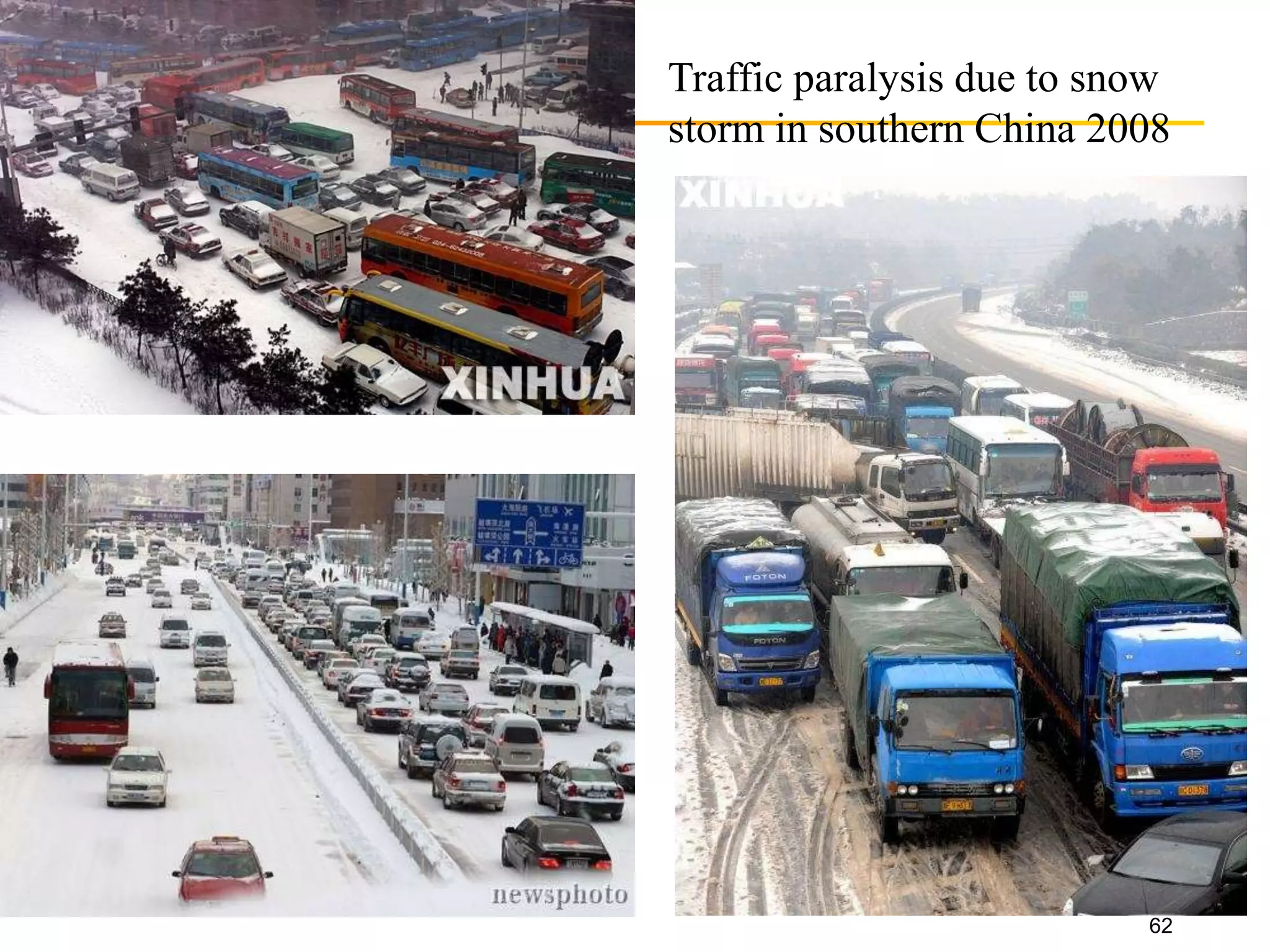 Traffic paralysis due to snow
storm in southern China 2008
62
 