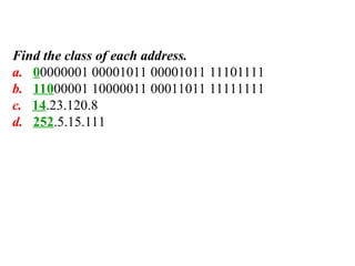 Find the class of each address.
a. 00000001 00001011 00001011 11101111
b. 11000001 10000011 00011011 11111111
c. 14.23.120.8
d. 252.5.15.111
 