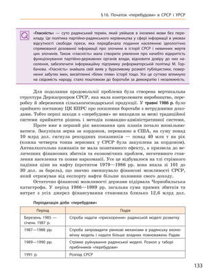 133
§16. Початок «перебудови» в  СРСР і  УРСР
«Гласність»  — суто радянський термін, який увійшов в  іноземні мови без пере-
кладу. Це політика партійно-радянського керівництва у сфері інформації в умовах
відсутності свободи преси, яка передбачала подання населенню ідеологічно
спрямованої дозованої інформації про злочини в  історії СРСР і  невинних жертв
цих злочинів. Також «гласність» мала створити уявлення про начебто відкритість
функціонування партійно-державних органів влади, відновити довіру до них на-
селення, забезпечити інформаційну підтримку реформаторській політиці М.  Гор-
бачова. «Гласність» знайшла свій вияв у  бурхливому розквіті публіцистики, повер-
ненні забутих імен, висвітленні «білих плям» історії тощо. Усе це суттєво вплинуло
на свідомість народу, стало поштовхом до боротьби за демократію і  незалежність.
Для подолання продовольчої проблеми була створена вертикальна
структура Держагропром СРСР, яка мала контролювати виробництво, пере-
робку й збереження сільськогосподарської продукції. У травні 1986 р. було
прийнято постанову ЦК КПРС про посилення боротьби з нетрудовими дохо-
дами. Тобто перші заходи з «перебудови» не виходили за межі традиційної
системи прийняття рішень і методів командно-адміністративної системи.
Проте вже в перший рік виконання цих планів почало вповільню-
ватися. Закупівля зерна за кордоном, переважно в США, на суму понад
10 млрд дол. сягнула рекордних показників — понад 40 млн т на рік
(кожна четверта тонна зернових у СРСР була закуплена за кордоном).
Антиалкогольна кампанія не мала позитивного ефекту, а призвела до ве-
личезних фінансових збитків та економічних проблем, негативного став-
лення населення та появи наркоманії. Усе це відбувалося на тлі стрімкого
падіння ціни на нафту (протягом 1979—1986 рр. вона впала зі 101 до
30 дол. за барель), що значно зменшувало фінансові можливості СРСР,
який отримував від експорту нафти більше половини свого доходу.
Остаточно фінансові можливості держави підірвала Чорнобильська
катастрофа. У період 1986—1989 рр. загальна сума прямих збитків та
витрат з усіх джерел фінансування становила близько 12,6 млрд дол.
Періодизація доби «перебудови»
Період Подія
Березень 1985  —
січень 1987  р.
Спроба надати «прискорення» радянській моделі розвитку
1987—1988  рр.  Спроба запровадити ринкові механізми в  радянську еконо-
мічну модель і  надати більше владних повноважень Радам
1989—1990  рр.  Стрімке руйнування радянської моделі. Розкол у  таборі
прибічників «перебудови»
1991  р. Розпад СРСР
«Гласність»  — суто радянський термін, який увійшов в  іноземні мови без пере-
кладу. Це політика партійно-радянського керівництва у сфері інформації в умовах
відсутності свободи преси, яка передбачала подання населенню ідеологічно
спрямованої дозованої інформації про злочини в  історії СРСР і  невинних жертв
цих злочинів. Також «гласність» мала створити уявлення про начебто відкритість
функціонування партійно-державних органів влади, відновити довіру до них на-
селення, забезпечити інформаційну підтримку реформаторській політиці М.  Гор-
бачова. «Гласність» знайшла свій вияв у  бурхливому розквіті публіцистики, повер-
ненні забутих імен, висвітленні «білих плям» історії тощо. Усе це суттєво вплинуло
на свідомість народу, стало поштовхом до боротьби за демократію і  незалежність.
 