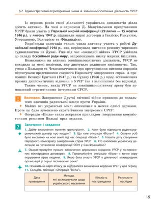 19
§ 2.  Адміністративно-територіальні зміни й  зовнішньополітична діяльність УРСР
Із перших років своєї діяльності українська дипломатія діяла
досить активно. На чолі з  наркомом Д.  Мануїльським представники
УРСР брали участь у Паризькій мирній конференції (29 липня — 15 жовтня
1946 р.), у лютому 1947 р. підписали мирні договори з Італією, Румунією,
Угорщиною, Болгарією та Фінляндією.
Українська делегація також узяла активну участь у  роботі Ду-
найської конференції 1948 р., яка вирішувала питання режиму торгового
судноплавства на Дунаї. Уже під час «холодної війни» УРСР увійшла
до складу Всесвітньої ради миру, запропонувала низку мирних ініціатив.
Незважаючи на активну зовнішньополітичну діяльність, УРСР не
виходила за межі політики, яку диктувало радянське керівництво. Так,
угоди з Польщею та Чехословаччиною про врегулювання питання кордонів
підписували представники союзного Наркомату закордонних справ. А про-
позиції Великої Британії (1947  р.) та Судану (1956  р.) щодо встановлення
прямих дипломатичних відносин з  УРСР так і  залишилися без відповіді.
Таким чином, вихід УРСР на зовнішньополітичну арену був зу-
мовлений стратегічними інтересами СРСР.
! Висновки. Завершення Другої світової війни призвело до подаль-
ших злочинів радянської влади проти України.

 Майже всі українські землі опинилися в  межах однієї держави.
Проте це було зумовлено стратегічними інтересами СРСР.

 Операція «Вісла» стала яскравим прикладом ігнорування комуніс-
тичним режимом Польщі прав людини.
?
	
Запитання і  завдання
Š
Š
1.  Дайте визначення поняття «репатріант». 2.  Коли було підписано радянсько-
румунський договір про кордон? 3.  Що таке операція «Вісла»? 4.  Скільки осіб
було виселено на нові землі під час операції «Вісла»? 5.  Назвіть дату створення
Народного комісаріату закордонних справ УРСР. 6. Хто очолював українську де-
легацію на установчій конференції ООН у  Сан-Франциско?
Ž
Ž 7.  Охарактеризуйте процес визначення державних кордонів УРСР у  післявоєн-
них міжнародних договорах. 8.  Проаналізуйте операцію «Вісла» з  точки зору
порушення прав людини. 9.  Якою була участь УРСР у  діяльності міжнародних
організацій у  перші післявоєнні роки?

 10. Покажіть на карті атласу, як відбувалося визначення кордонів УРСР у цей період. 
11.  Складіть таблицю «Операція “Вісла”».
Дата
проведення
Методи,
які застосовували щодо
українського населення
Кількість
­
постраждалих
Результати
і наслідки
 