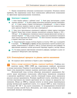 203
§ 24. Етносоціальні процеси та рівень життя населення
 Однак економічна ситуація залишалася складною. Існувала низка
проблем, без вирішення яких було неможливо забезпечити повноцінне
та ефективне функціонування економіки.
?
	 Запитання і  завдання
ŠŠ
1.  Коли Україна вийшла з  рублевої зони? 2.  Який уряд започаткував у  країні
«шокову терапію»? 3. За якого уряду розпочалися докорінні ринкові перетворен-
ня? 4.  У  який період в  Україні спостерігалася гіперінфляція? 5.  Коли в  Україні
було закріплено приватне право на землю? 6.  Як називається національна гро-
шова одиниця України? Коли вона була запроваджена?
ŽŽ 7.  Чому після проголошення незалежності відбулося стрімке падіння економіки
України? Якими були основні підсумки економічного розвитку України в  1991—
1994 рр.? 8. Як відбувалося становлення власної грошово-фінансової системи не-
залежної України? 9. Чому, на ваш погляд, у перші роки незалежності економічні
зміни значно відставали від політичних? 10. Коли почалися економічні реформи
в  Україні? Якою була їхня мета?
 11. Охарактеризуйте аграрну політику України на початку 1990-х рр. та розкрийте
її наслідки. 12. Обговоріть у групах. Як була реалізована стратегія розвитку еко-
номіки, запропонована Л. Кучмою в 1994 р.? Чи було досягнуто мети реформ? Чи
ефективними виявилися засоби досягнення? Відповідь подайте у  вигляді таблиці.
 13.  Чи можна вважати ефективними економічні реформи, проведені за роки не-
залежності? Обґрунтуйте свою відповідь.
§ 24. Етносоціальні процеси та рівень життя населення
 Які соціальні зміни намітилися в  Україні в  роки «перебудови»?
1
Зміни у складі населення України, соціальні проблеми. Глибока еко-
номічна криза 1990—1999  рр. спричинила серйозні зрушення
у складі населення України й загострення соціальних проблем. У першу
чергу слід відзначити стрімке падіння життєвого рівня людей.
Економічний спад суттєво обмежив можливості державного бю-
джету щодо виконання соціальних зобов’язань (виникали затримки
з  виплатою заробітної плати, пенсій, стипендій тощо), різко знизилися
реальні доходи працівників. Розміри заробітної плати, пенсійних виплат
суттєво відставали від темпів зростання цін на товари та продукти спо-
живання. Якщо до 1992  р. середня пенсія за віком дещо перевищувала
розмір мінімальної заробітної плати, то в грудні 1997 р. вона становила
не більше 40—50  % від цього показника. Із покращенням економічної
ситуації розмір пенсій було збільшено, але вони ледь покривали про-
житковий мінімум пенсіонерів.
 