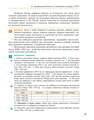 27
§ 3.  Внутрішньополітична та  економічна ситуація в  УРСР
Особливо боляче реформа вдарила по селянству, яке знову було
ошукане державою. В умовах відсутності установ Ощадного банку на се-
лі обмін готівкових грошей, що населення зберігало вдома, здійснювався
у  співвідношенні 1 : 10. Таким чином, відбудова не сприяла зростанню
життєвого рівня населення й  відклала вирішення соціальних проблем
на наступні десятиліття.
!
Висновки. Хоча у  війні Україна й  зазнала значних збитків (зруй-
нована економіка, значні людські втрати), завдяки героїчній і на-
полегливій праці населення за короткий час було відновлено про-
мисловий потенціал республіки.

 Під час відбудови радянське керівництво, традиційно проголошу-
ючи демагогічні гасла турботи про трудящих, вважало потреби людини
другорядними порівняно з  інтересами держави.

 Величезною трагедією населення республіки став масовий штучний
голод 1946—1947  рр., який був фактично злочином радянської влади
проти населення республіки.
?
	
Запитання і  завдання
Š
Š
1. Назвіть суму прямих збитків, завданих війною економиці УРСР. 2. Коли в рес-
публіці ліквідували органи управління, що діяли у воєнний час? 3. Яку економіку
називають тоталітарною? 4.  Що таке екстенсивний шлях розвитку економіки? 
5.  Хто очолював керівництво УРСР у  час, коли розпочався масовий штучний го-
лод 1946—1947  рр.? 6.  Якою була кількість жертв масового штучного голоду
1946—1947  рр.?
Ž
Ž 7. Які зміни відбувалися в УРСР під час переходу до мирного будівництва? 8. Оха-
рактеризуйте відбудову господарства в УРСР. 9. На підставі чого можна зробити
висновок, що масовий штучний голод 1946—1947  рр. був злочином радянської
влади проти населення республіки? Обґрунтуйте свою відповідь. 10.  Визначте
зміни, що відбулися в  цей період у  демографічній ситуації, рівні життя та побуті
населення республіки.

 11.  Знайдіть за картою атласу регіони, які найбільше постраждали від масового
штучного голоду 1946—1947  рр. 12.  Складіть порівняльну таблицю «Терори го-
лодом в  Україні».
Дата Причини Особливості Наслідки
1921—1923  рр.
1932—1933  рр.
1946—1947  рр.
13.  Обговоріть у  малих групах. Якими були прояви відновлення тоталітарної
економіки під час відбудови господарства України?

 14. Підготуйте самостійно повідомлення (презентацію) на тему «Масовий штучний
голод 1946—1947  рр. у  нашому краї».
 