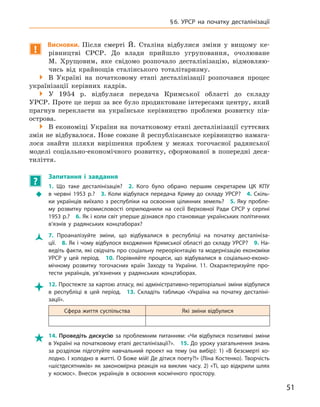 51
§ 6. УРСР на початку десталінізації
!
Висновки. Після смерті Й.  Сталіна відбулися зміни у  вищому ке-
рівництві СРСР.  До влади прийшло угруповання, очолюване
М.  Хрущовим, яке свідомо розпочало десталінізацію, відмовляю-
чись від крайнощів сталінського тоталітаризму.

 В Україні на початковому етапі десталінізації розпочався процес
українізації керівних кадрів.

 У 1954  р. відбулася передача Кримської області до складу
УРСР. Проте це перш за все було продиктоване інтересами центру, який
прагнув перекласти на українське керівництво проблеми розвитку пів-
острова.

 В економіці України на початковому етапі десталінізації суттєвих
змін не відбувалося. Нове союзне й республіканське керівництво намага-
лося знайти шляхи вирішення проблем у  межах тогочасної радянської
моделі соціально-економічного розвитку, сформованої в  попередні деся-
тиліття.
?
	
Запитання і  завдання
Š
Š
1.  Що таке десталінізація? 2.  Кого було обрано першим секретарем ЦК  КПУ
в  червні 1953  р.? 3.  Коли відбулася передача Криму до складу УРСР? 4.  Скіль-
ки українців виїхало з  республіки на освоєння цілинних земель? 5.  Яку пробле-
му розвитку промисловості оприлюднили на сесії Верховної Ради СРСР у  серпні
1953 р.? 6. Як і коли світ уперше дізнався про становище українських політичних
в’язнів у  радянських концтаборах?
Ž
Ž 7.  Проаналізуйте зміни, що відбувалися в  республіці на початку десталініза-
ції. 8. Як і чому відбулося входження Кримської області до складу УРСР? 9. На-
ведіть факти, які свідчать про соціальну переорієнтацію та модернізацію економіки
УРСР у  цей період. 10.  Порівняйте процеси, що відбувалися в  соціально-еконо-
мічному розвитку тогочасних країн Заходу та України. 11.  Охарактеризуйте про-
тести українців, ув’язнених у  радянських концтаборах.

 12. Простежте за картою атласу, які адміністративно-територіальні зміни відбулися
в  республіці в  цей період. 13.  Складіть таблицю «Україна на початку десталіні-
зації».
Сфера життя суспільства Які зміни відбулися

 14. Проведіть дискусію за проблемним питанням: «Чи відбулися позитивні зміни
в Україні на початковому етапі десталінізації?». 15. До уроку узагальнення знань
за розділом підготуйте навчальний проект на тему (на вибір): 1) «В безсмерті хо-
лодно. І холодно в житті. О Боже мій! Де дітися поету?!» (Ліна Костенко). Творчість
«шістдесятників» як закономірна реакція на виклик часу. 2) «Ті, що відкрили шлях
у  космос». Внесок українців в  освоєння космічного простору.
 