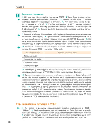 88
Розділ 3
?
	
Запитання і  завдання
ŠŠ
1.  Що таке «застій» як період у  розвитку СРСР? 2.  Коли було вперше запро-
ваджено термін «розвинений соціалізм»? 3.  Назвіть період, коли П.  Шелест
очолював партійну організацію республіки. 4.  Яку назву мала книга П.  Ше-
леста, видана в  1970  р.? 5.  Хто був секретарем ЦК  КПУ з  питань ідеології,
науки і  культури на початку діяльності на посаді першого секретаря ЦК  КПУ
В.  Щербицького? 6.  Скільки років В.  Щербицький очолював партійну органі-
зацію республіки?
Ž
Ž 7. Визначте особливості ідеологічних орієнтирів партійно-радянського керівництва
республіки в  цей період. 8.  Проаналізуйте суспільно-політичний розвиток УРСР
за часів перебування на посаді першого секретаря ЦК КПУ П.  Шелеста. 9.  Які
риси були притаманні суспільно-політичному життю України після призначення
на цю посаду В. Щербицького? Укажіть суперечності в його політичній діяльності.

 10. Розпочніть складання таблиці «Україна в період загострення кризи радянської
системи (середина 1960 — початок 1980-х рр.)».
Сфера розвитку Прояви кризових явищ
Політичне життя
Економічна ситуація
Соціальна сфера
Опозиційний рух
11. Обговоріть у малих групах причинно-наслідкові зв’язки політико-ідеологічної
кризи радянського ладу в  УРСР. Обґрунтуйте свою відповідь фактами.

 12. Сучасний канадський письменник українського походження Орест Субтельний
писав: «Не підлягає сумніву, що як Шелест, так і  Щербицький бачили майбутнє
в світлі комуністичної ідеології та в контексті радянської системи… і кожен являв
собою яскравий приклад того жорсткого контролю, що його здійснювала Москва
під керівництвом КПУ…». Наведіть факти, які підтверджують наведену характерис-
тику. 13.  Підготуйте до уроку узагальнення за розділом навчальний проект за
темами (на вибір): 1)  49  сміливців проти режиму (дослідження діяльності Україн-
ської Гельсінської групи). 2)  Етапи боротьби за незалежність: від зброї до слова
(продовження кейсу «Як трансформувався український визвольний рух у XX ст.?»).
3)  Людина в  СРСР: декларації та реальність.
§ 12. 
Е
кономічна ситуація в  УРСР
 1.  Які зміни в  розвитку промисловості України відбувалися в  1953—
1964 рр.? 2. Назвіть нові промислові підприємства, що були збудовані в респуб­
ліці в  цей період. 3.  Як розвивалося сільське господарство тогочасної України? 
4. Спираючись на курс екології, згадайте, що ви знаєте про місце природи в житті
суспільства та особливості основних етапів взаємодії суспільства і  природи.
 