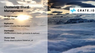 Clustering: Shard
Management
On-disk storage
Multiple files
Replication
Copies of initial files (primaries)
Distribution
Shuffle around shards (primaries & replicas)
Cluster state
Stores shard locations based on _id
@claus__m
 